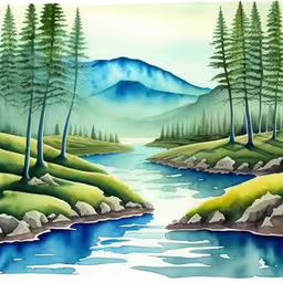 a painting of trees and water on the hillside,a painting of a river in the wilderness