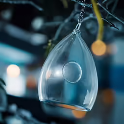 a glass tear shaped ornament hangs from a tree