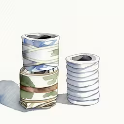 several rolls of paper stacked on each other,the stacks of paper are piled up on top of each other