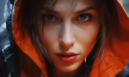 a woman with a red hood on, and raincoat