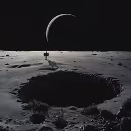 the moon above a landscape of land and water
