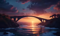 a bridge over water at sunset with waves crashing in front