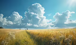 there is a field that has grass and clouds in it