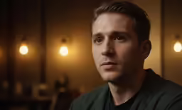 a man in black shirt staring at the camera