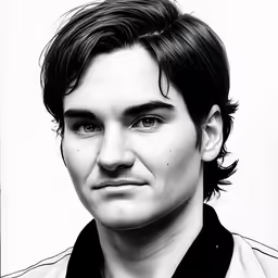 this black and white photo shows a man with long hair