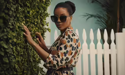 woman wearing sunglasses next to white fence