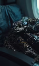there is an empty bed with black sheets and head