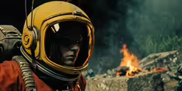 a man in yellow helmet and red jacket next to a fire