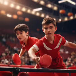 two kids playing ping pong together in an auditorium
