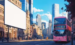 a double decker bus moving through a city with buildings in the background