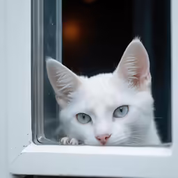 a white cat looks out the window at the night