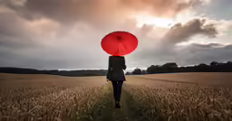 a woman in a field with an umbrella in front of dark clouds