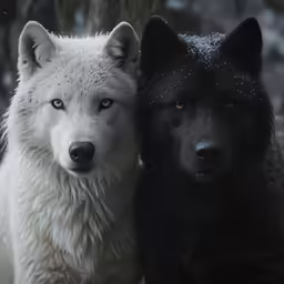 two white and black dogs standing next to each other