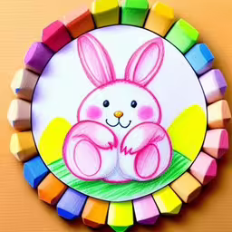 a pink and green colored object on a table,a picture of a colorful crayon pencil circle of a little bunny holding an egg