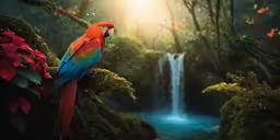 a beautiful colorful bird perched on a tree branch in front of a water fall