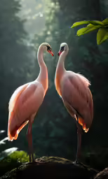 two flamingos standing close together on a sunny day