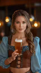 a woman standing with a glass of beer in her hand