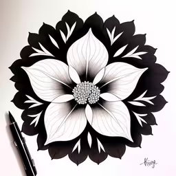 there is a black and white flower on the paper,a drawing with black and white colors, with some flowers in the center