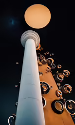 a sky view of a tower and its lights at night