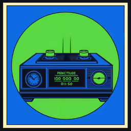 a green and blue poster with an old - fashioned radio in the middle