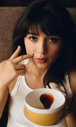 the woman holds a cup with sauce on it