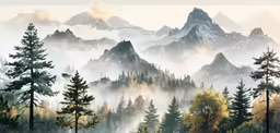 a painting of fog in the trees on a mountain range