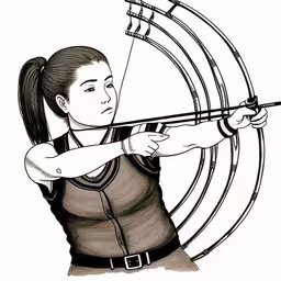 the art of archery that is always in question,a drawing of a girl aiming at an arrow,an asian girl shooting a bow with her hand,a woman aiming a bow with her arm outstretched,a woman is aiming with a bow at something