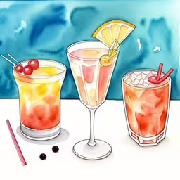 three drink glasses sitting on a white table,a set of three drinks on a table
