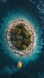 an aerial shot shows a floating island in the ocean