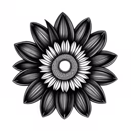 the flower is black and white with a circular center,a flower made out of black and white ink