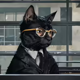 a man with glasses and a black cat costume sitting in front of windows