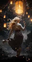 a woman in a dress flying through the air with lantern lanterns