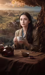 a woman sitting at a table with cups and a teapot