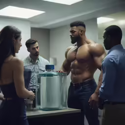 two men and two women stand in front of a giant object