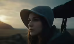 a young woman looks off into the distance with a hat on