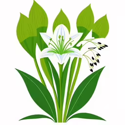 a painting of a plant with green leaves,some white flowers and green leaves with black stems