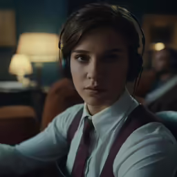 the girl is wearing headphones to listen to music