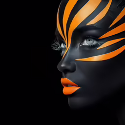 a woman wearing black and orange face paint