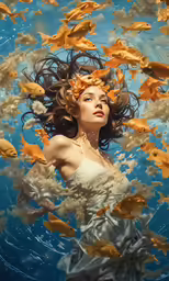 woman in dress floating underwater among gold fish