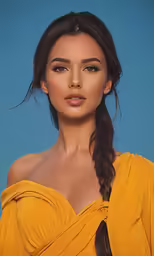the beautiful brunette woman in a yellow top