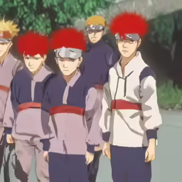 two guys and three girls are walking with red pompoms on their heads
