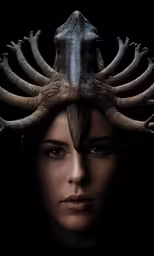 woman with horns over her head and a house on the hood