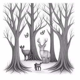 a drawing of some animals in the woods