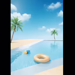 a large pool with an inflatable raft and two palm trees