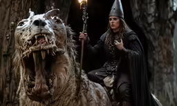 a woman on a horse with a horned demon head