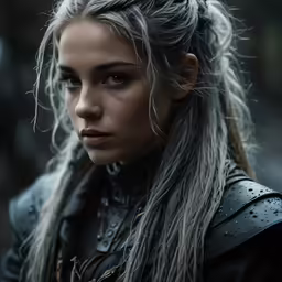 the woman with long grey hair wearing a silver helmet