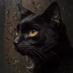 a close up of a black cat with yellow eyes