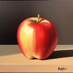 an apple on a shelf with a shadow,an apple sits on a shelf next to the wall,a painting of an apple sitting on top of a shelf,a painting of an apple on a shelf,a painting of a red apple sitting on top of a counter