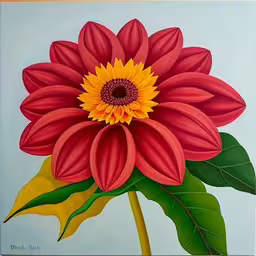 a painting of a large red flower with green leaves,a large, bright, flower painted on a blue background,a painting of a large flower is displayed,a flower painted on top of a white wall,the painting has bright pink flowers with a yellow center