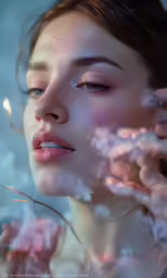 a woman with her face close to something